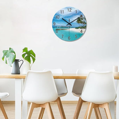 XFM Blue Beach Wall Clock 12 Inch Silent Wall Clocks Battery Operated Coastal Nautical Round Glass Clock Decorative for Bathroom Kitchen Living Room