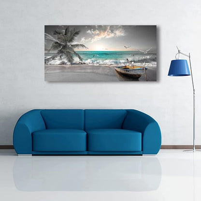 Beach Sea Wave Pictures Canvas Wall Art For Living Room Bedroom Wall Decor,Sea Wave Wall Art Print Paitnings For Home Decor,Morden Artwork Palm Boat Canvas Art Waterproof Ready To Hang-28x57 Inches
