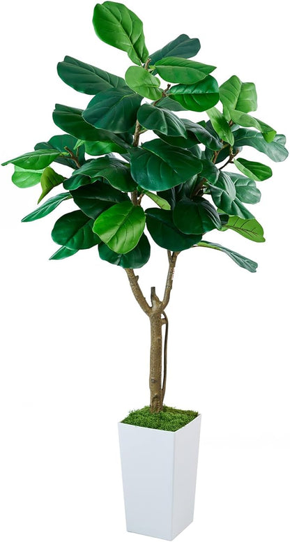 Fiddle Leaf Fig Tree, 6ft Artificial Tree with White Tall Planter, Large Faux Plants Indoor, Fake Fig Tree in Pot for Home Office Bedroom Living Room Decor Garden Outdoor Housewarming Gift