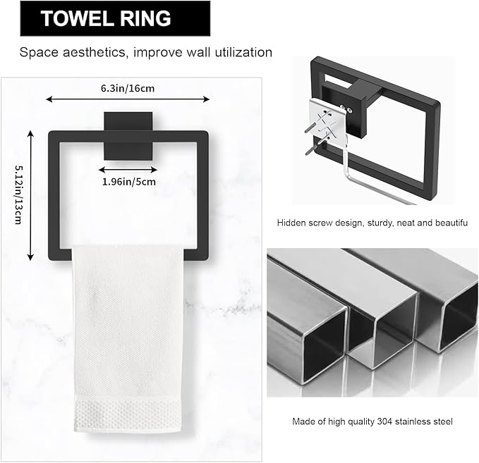 10-Pieces Matte Black Bathroom Accessories Set, 23.6 Inch Bath Towel Bar Set, SUS 304 Stainless Steel Bathroom Hardware Set, Towel Racks for Bathroom Wall Mounted.