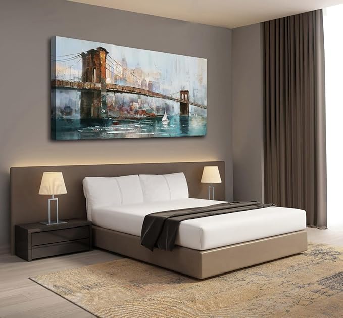 Acocifi New York Brooklyn Bridge Wall Art for Living Room Abstract Cityscape Skyline Picture Large Canvas Painting Textured Artwork Framed for Bedroom Office Bathroom Home Decor 40"x20"