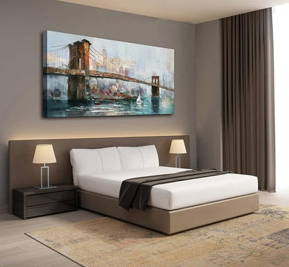 Acocifi New York Brooklyn Bridge Wall Art for Living Room Abstract Cityscape Skyline Picture Large Canvas Painting Textured Artwork Framed for Bedroom Office Bathroom Home Decor 40"x20"