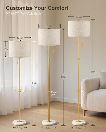 Modern Floor Lamp for Living Room - Adjustable Height Standing Lamp with Marble Base & Linen Shade, 3-Way Dimmable Tall Floor Light for Bedroom, Reading, Bulb Included