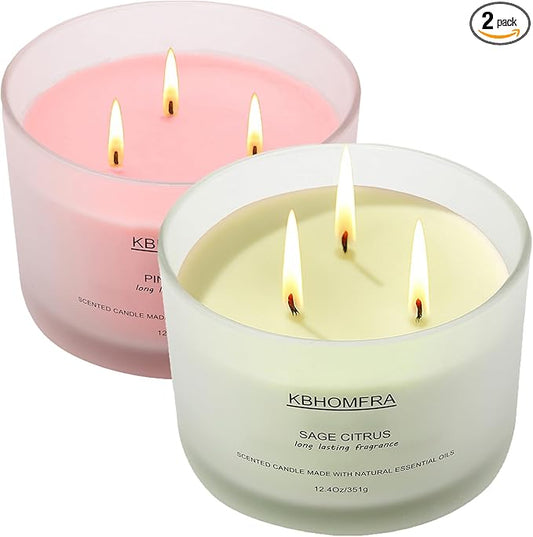 Scented Soy Wax Candle, 12.4 Oz Glass Jar, 70+ Hours Burn Time, Natural Essential Oils, Cotton Wick, Long Lasting Fragrance, Modern Contemporary Style (Lemon Lavender+Pink Sands 2 Pack)