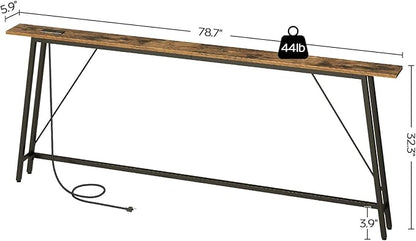 78.7" Couch Table Behind Sofa, Narrow Console Table with Outlet, Skinny Sofa Tables Narrow Long, Long Entryway Tables for Hallway, Entryway, Living Room, Rustic Brown and Black CT205UBR