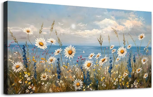 Wapluam Blue Ocean Canvas Wall Art for Living Room Wall Decor For Bedroom Bathroom Decoration Natural Seascape Painting Modern Office Wildflowers Artwork Large Pictures Home Decor Ready To Hang
