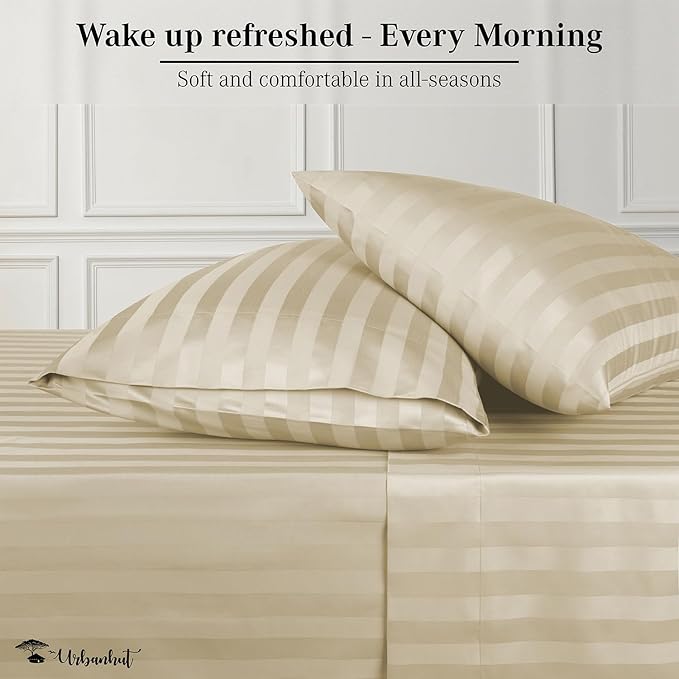 URBANHUT 800 Thread Count Egyptian Cotton Damask Striped Full Size Sheets Set (4 Pc) - Ultra Soft & Smooth, Sateen Weave Full Size Bed Sheets, Luxury Hotel Sheets with 16" Deep Pocket - Sand