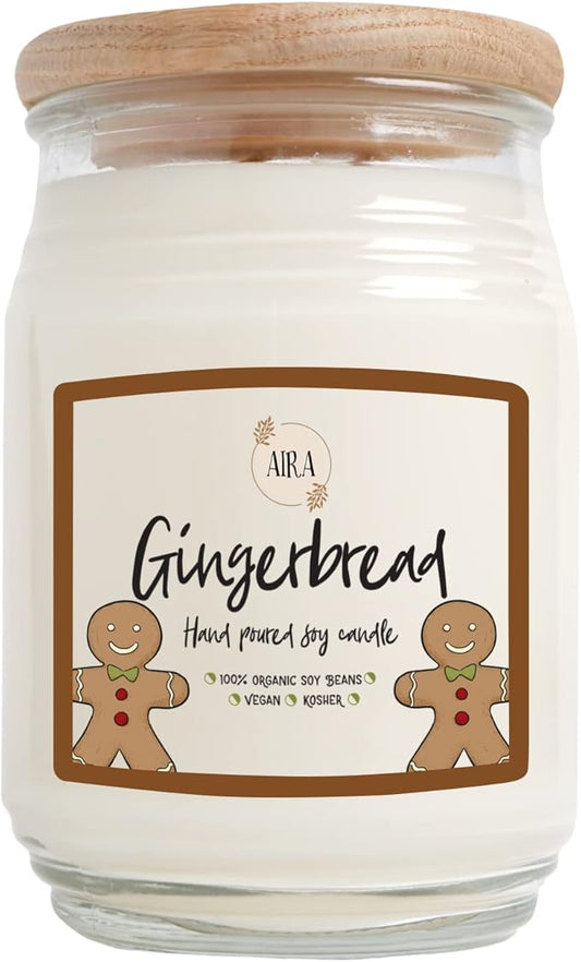 Aira Holiday Soy Candles - Organic, Kosher, Vegan, Farmhouse Candle w/Aromatherapy Essential Oils - Hand-Poured 100% Soy Candle Wax - Paraffin Free, Burns 150+ Hours - Gingerbread - 20 Ounces