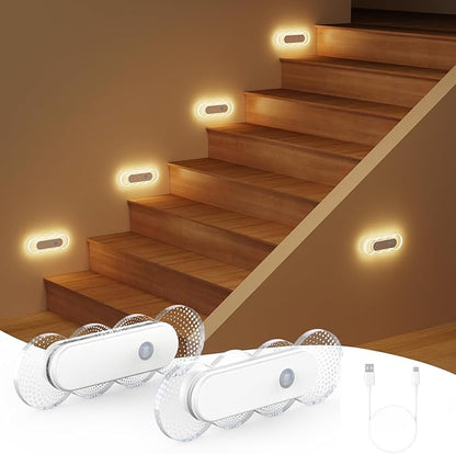 Motion Sensor Night Light, Rechargeable Warm White Night Lights, LED Battery Operated Stick-On Stair Lights Indoor, Magnetic Motion Activated Night Light for Bathroom Bedroom Hallway (2 Pack)