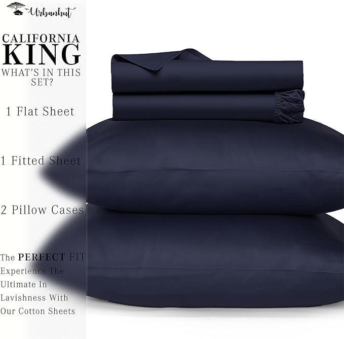 URBANHUT 800 Thread Count Egyptian Cotton California King Size Sheets Set, Sateen Weave Luxury Hotel Bedsheets, 4 Pc Bed Sheet Sets, Fits 16" Deep Pocket - Navy Blue