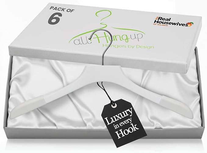 Premium Luxe Wood Coat Hangers, Wide Shoulder Wooden Jacket Hangers with Velvet Grip, Heavy Duty Luxury Hangers for Coats & Blazers, White with White Velvet, 6 Pack