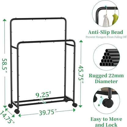 Simple Trending Clothing Clothes Rack Double Rods with Wheels, Rolling Metal Garment Rack for Hanging, Black