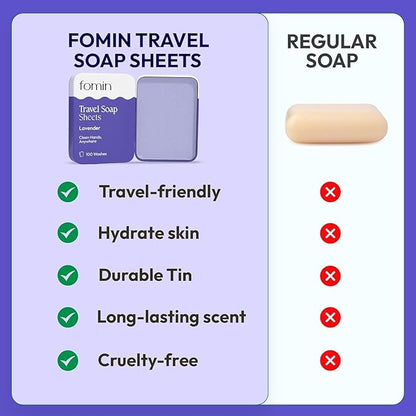 FOMIN - Antibacterial Paper Soap Sheets Tin for Traveling - (300 Sheets) Lavender - Portable Travel Hand Soap Sheet, Dissolvable Mini Camping Hand Soap for Hand Washing