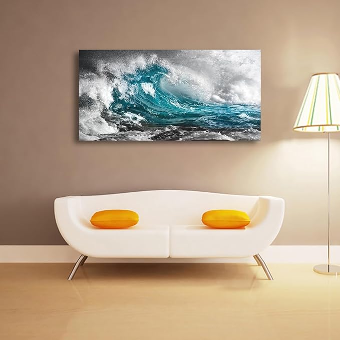 Sea Wave Pictures Canvas Wall Art For Living Room Bedroom Wall Decor,Surge Wall Art Print Paitnings for Home Decor,Morden Artwork Sea Seascape Canvas Art Waterproof Ready to Hang-24x48Inches
