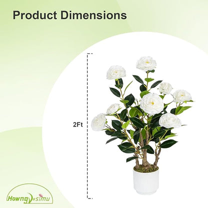 2 Pack Artificial Camellia Tree with White Pot, 24" Faux Potted Plants for Indoor Outdoor Decor, Tall Silk Greenery Plant for Home Office Living Room Balcony, White