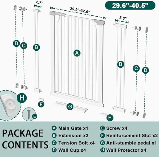 Fairy Baby 40.5" Extra Tall Baby Gate for Stairs Doorways, Fits 29.5" to 40.5" Wide Openings, Auto Close Extra Wide Dog Gate Indoor for The House, Metal Pressure Mounted Pet Cat Gate for Kids, White
