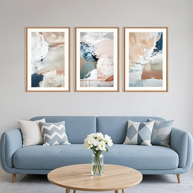Large Abstract Brush Strokes Framed Canvas Wall Art,Neutral Navy Blue Wall Decor,Modern Pastel Wall Painting,Grey White Toned Artwork for Living Room,Bedroom,Dining Room,Office -24"x36"x3