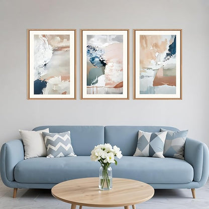 Large Abstract Brush Strokes Framed Canvas Wall Art,Neutral Navy Blue Wall Decor,Modern Pastel Wall Painting,Grey White Toned Artwork for Living Room,Bedroom,Dining Room,Office -24"x36"x3