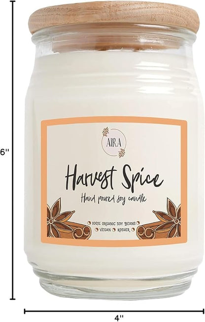 Aira Soy Candles - Organic, Kosher, Vegan, in Farmhouse Jar w/Essential Oils - Hand-Poured 100% Soy Candle - Double Wick, Paraffin Free, Burns 150+ Hours - Fall Candle - Harvest Spice - 20 Ounces