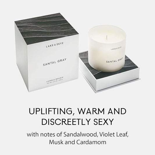Lake & Skye Santal Gray Candle (8 oz), 50 Hours of Burn Time, 100% Soy Wax, Vegan - White Embers and Musk Scent