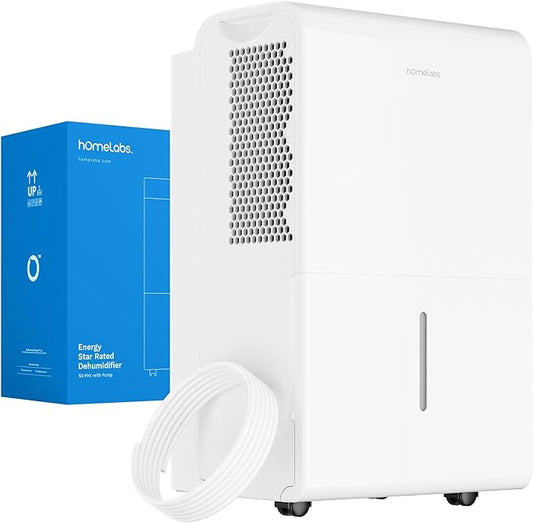 hOmeLabs 50 Pint Wi-Fi Dehumidifier with Pump for up to 7,000 Sq Ft (MAX 120 Pint at 95°F, 90% RH) – High Capacity Moisture Removal for Large Rooms, Offices, and Basements