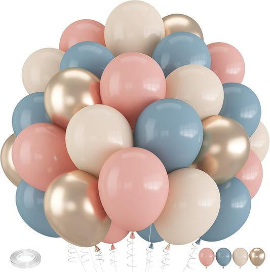 Gender Reveal Balloons, 12 Inch Dusty Pink Blue White Sand and Gold Balloons for Boho Neutral Baby Shower Birthday Party Boy or Girl Gender Reveal Decorations
