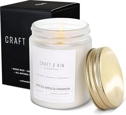 Craft & Kin Apple and Cinnamon Scented Candles | 8 Oz, 45-Hour Long Lasting | Classic Soy Winter Candle with Wood Wick | Made with Natural Soy | Candles Gifts for Men and Women