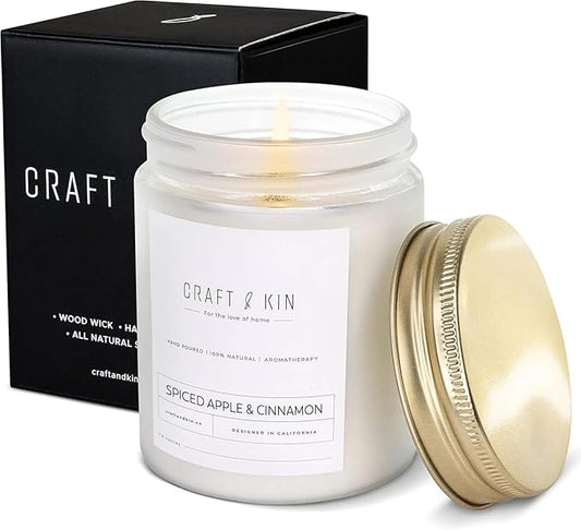 Craft & Kin Apple and Cinnamon Scented Candles | 8 Oz, 45-Hour Long Lasting | Classic Soy Winter Candle with Wood Wick | Made with Natural Soy | Candles Gifts for Men and Women