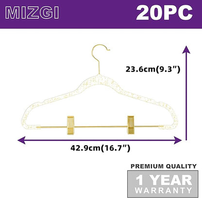 MIZGI Slim Gold Glitter Pants & Skirt Hangers (20 Pack) – Adjustable Gold Clips & Hooks, Transparent Non-Felt, Space-Saving for Dresses, Shirts, Blouses
