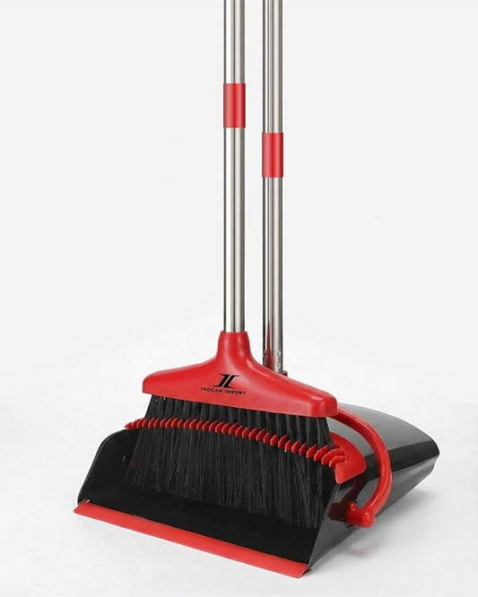 Broom and Dustpan Set Upright Standing Sweeper with Long Handle Folding Dust Pan with Built-in Teeth Comb Indoor & Outdoor Cleaning Compact Storage Broom Dustpan Combo Set