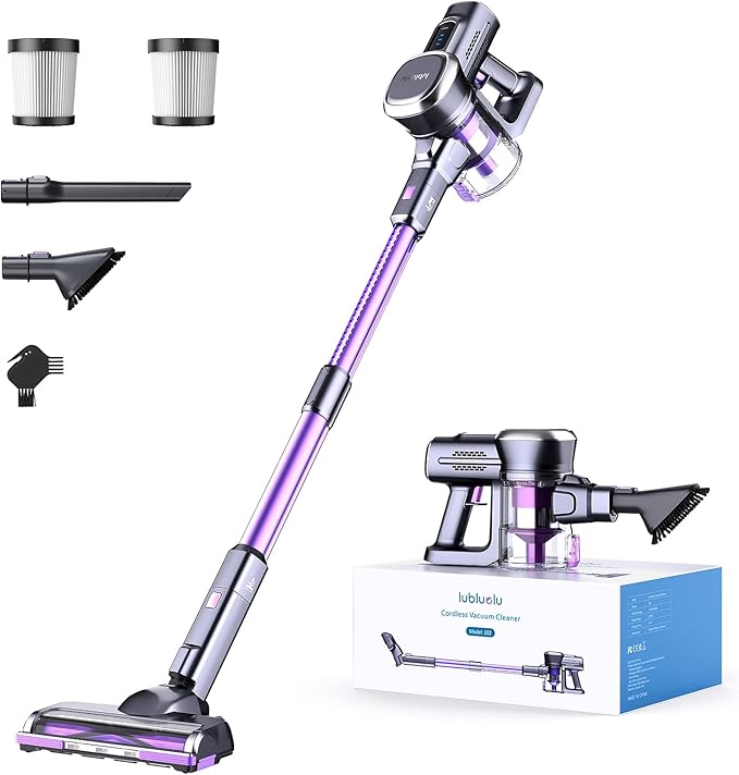 Lubluelu Cordless Vacuum Cleaner, Stick Vacuum Cordless Rechargeable with Lightweight 235W Brushless Motor, Self-Standing and Handheld Design for Carpet, Hard Floor and Pet Hair (Purple)
