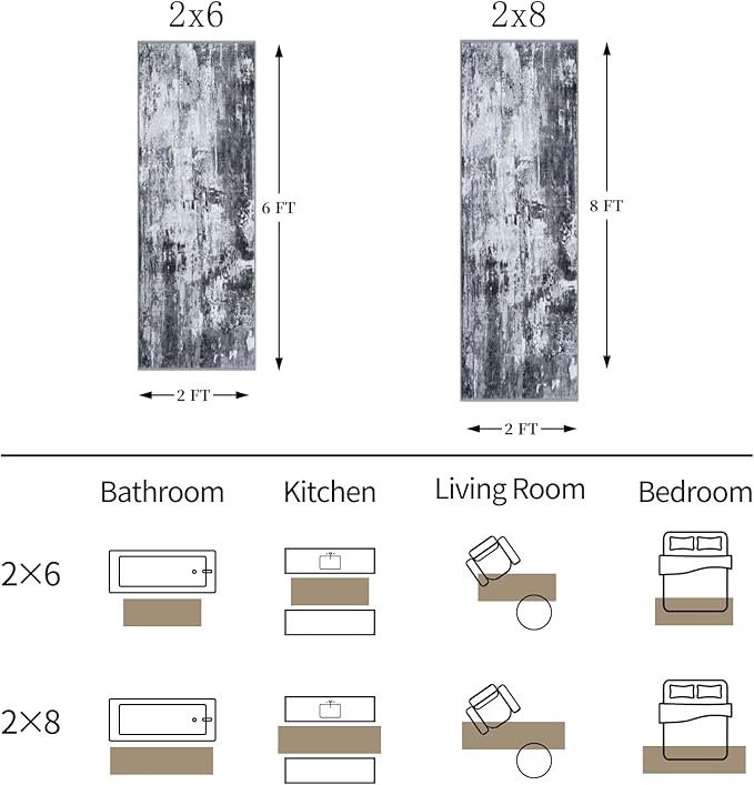 KOZYFLY Modern Abstract Runner Rug 2x6 Washable Grey/Black/Black Runners for Hallways Kitchen Runner Rug Non Slip Carpet Rug Runner Laundry Mat with Soft Low Pile for Entryway Bathroom Bedroom Kitchen