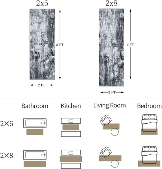 KOZYFLY Modern Abstract Runner Rug 2x6 Washable Grey/Black/Black Runners for Hallways Kitchen Runner Rug Non Slip Carpet Rug Runner Laundry Mat with Soft Low Pile for Entryway Bathroom Bedroom Kitchen