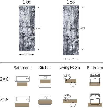 KOZYFLY Modern Abstract Rug Runner for Hallway 2x8 Grey/Black Kitchen Runner Rug Non Skid Washable Carpet Runner Laundry Room Mat Soft Fluffy Low Pile Rug for Hallway Entryway Bathroom Bedroom