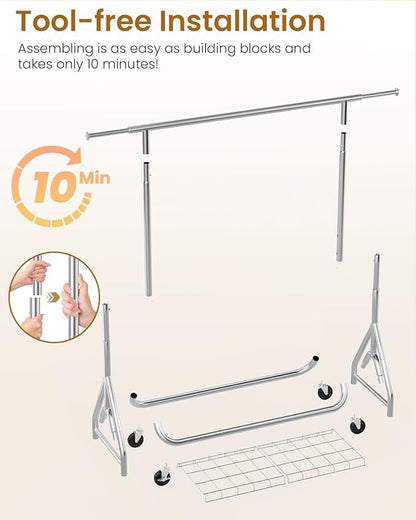 Heavy Duty Garment Rack, Metal Clothes Rack Load 450 LBS, Rolling Clothing Racks for Hanging Clothes with Lockable Wheels, Wardrobe Closet Coat Racks for Bedroom, Silver
