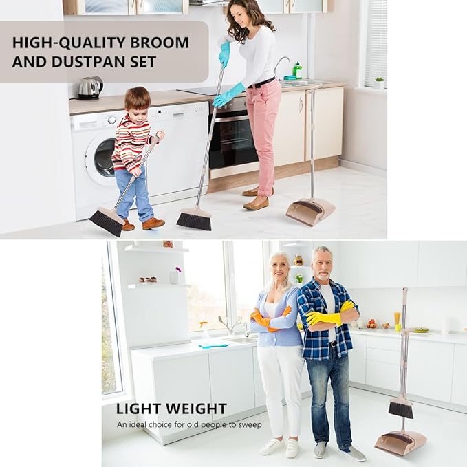 Broom and Dustpan Set with 57.4 Inch Adjustable Stainless Steel Handle, Upright Foldable Design, Beige and Brown, Heavy Duty with Built-in Teeth