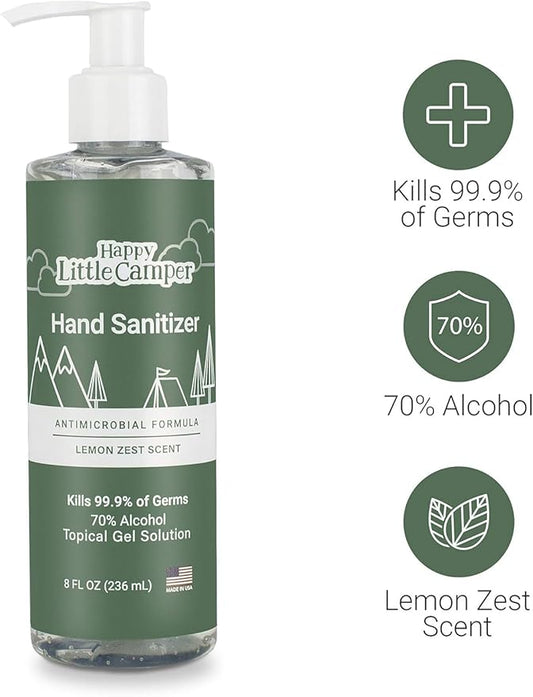 Happy Little Camper Hand Sanitizer with Lemon Zest Scent - Moisturizing Clear Gel with Vitamin E & Antimicrobial Formula- Contains 70% Ethyl Alcohol - Travel Size, Made in USA - 8 Fl Oz, 236ml