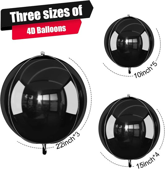 12Pcs Black Round Foil Balloons, 22" 15" 10" Metallic Black 4D Ball Balloons for Birthday Graduation Christmas New Year Eve Halloween Party Backdrop Decorations