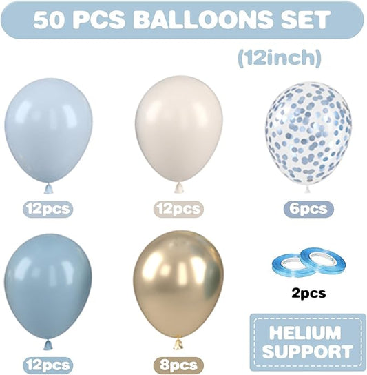 Dusty Blue and Gold Balloons, 12 Inch Blue Gold Balloons, Retro Fog Blue Metallic Golden White Confetti Balloons Latex Balloon for Wedding Baby Shower Gender Reveal Birthday Party Decoration