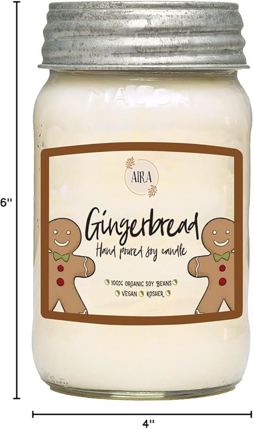 Aira Holiday Soy Candles - Organic, Kosher, Vegan, Mason Jar Candle w/Aromatherapy Essential Oils - Hand-Poured 100% Soy Candle Wax - Paraffin Free, Burns 110+ Hours - Gingerbread - 16 Ounces