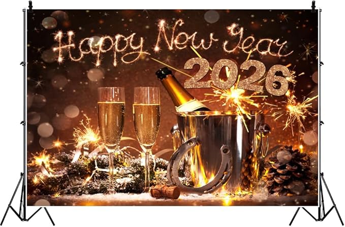 AOFOTO 10x6.5ft Happy New Year 2026 Backdrop Champagne Wine Beer Gold Sparklers Fireworks Bokeh Light Spot New Year's Eve Backdrop Banner Carnival Celebration Background Party Decorations Props