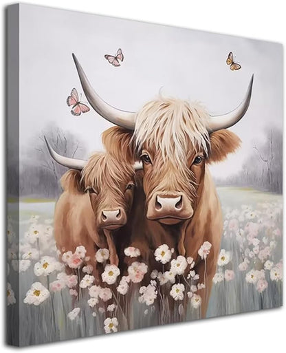 Anolyfi Bathroom Highland Cow Canvas Wall Art Rustic Flower Farmhouse Picture Animal Landscape Painting Abstract Textured Artwork Framed for Bedroom Living Room Kitchen Office Home Decor 20"x20"