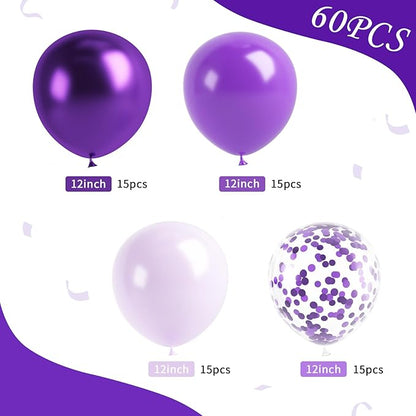 Metallic Purple and Premium Latex Lavender Lilac Balloons, 60 Pcs 12 Inch Purple Confetti Balloons with Purple Ribbons Set for Birthday Graduation Bridal Shower Wedding Party Decorations