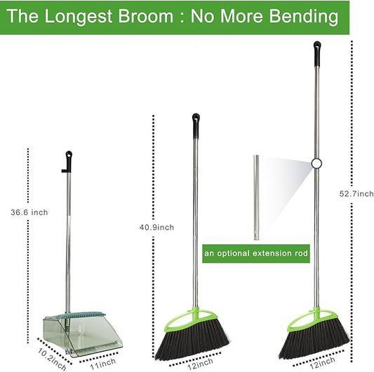 Soft Bristles Green Angle Broom and Dustpan Set, Long Handle Household Indoor Broom with Dustpan Combo Set for Room Kitchen Lobby Office Hardwood Floor Sweeping Floor Cleaning