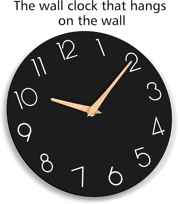 Wall Clock, 14 Inch Wooden Silent Non-Ticking, Decorative Battery Operated Wall Clocks for Bedroom, Kitchen, Home, Living Room, Office, School, Hotel (Black)