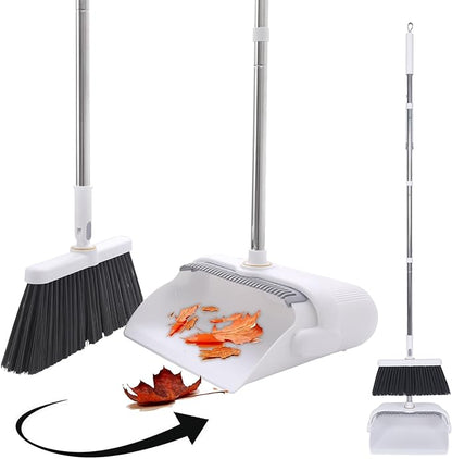 Upgrade Broom with Dustpan Combo Set Heavy Duty, Ergonomic Adjustable Handle, Cleaning Teeth, Ideal for Pets, Indoor and Outdoor Sweeping（White）