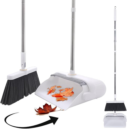 Upgrade Broom with Dustpan Combo Set Heavy Duty, Ergonomic Adjustable Handle, Cleaning Teeth, Ideal for Pets, Indoor and Outdoor Sweeping（White）
