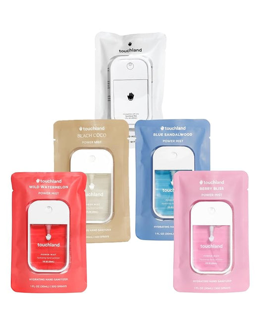 Touchland Hydrating Hand Sanitizer Spray Bundle, DREAM 5 Set (Watermelon, Berry, Beach Coco, Sandalwood Power Mists, Icy White Hand Mist Case), 1 FL. OZ. Travel Size