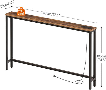 HOOBRO 55.1" Narrow Console Table with Power Outlets, 5.9" Behind Couch Table with Charging Station, Long Sofa Table, Skinny Entryway Table for Living Room, Hallway, Foyer, Rustic Brown BF145UXG01