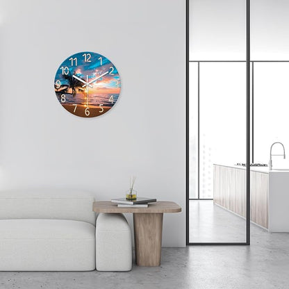 XFM Coastal Blue Clock for Living Room Palm Tree Beach Wall Clock Silent Non-Ticking Glass Big Wall Clock Battery Operated 16 Inch